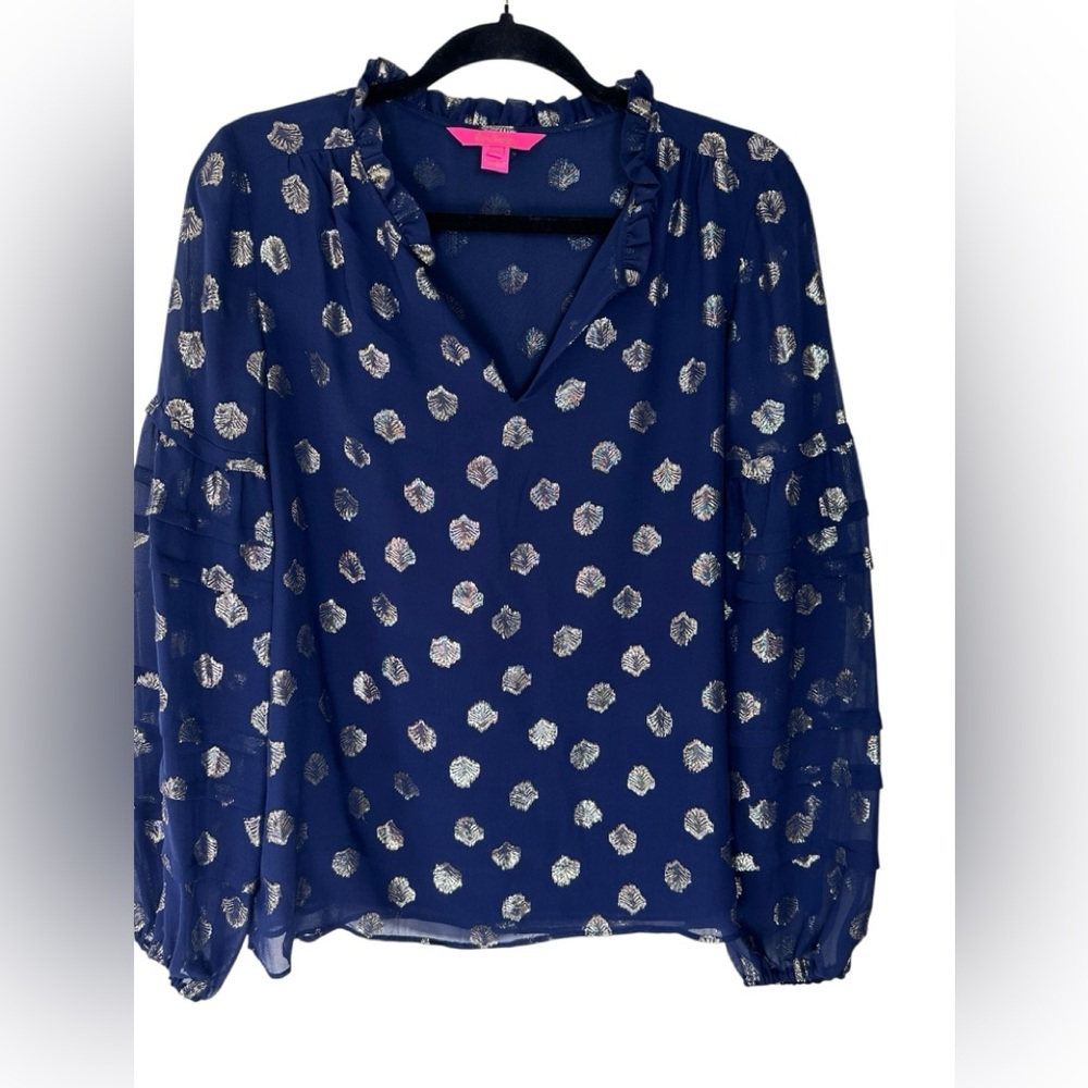 Lilly Pulitzer Giana Silk Top Navy and Gold V Neck Balloon Puff Long Sleeve SZ S